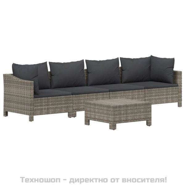 Градински лаундж комплект с възглавници 5 части сив полиратан