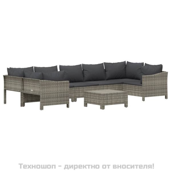 Градински комплект с възглавници, 8 части, полиратан, сив