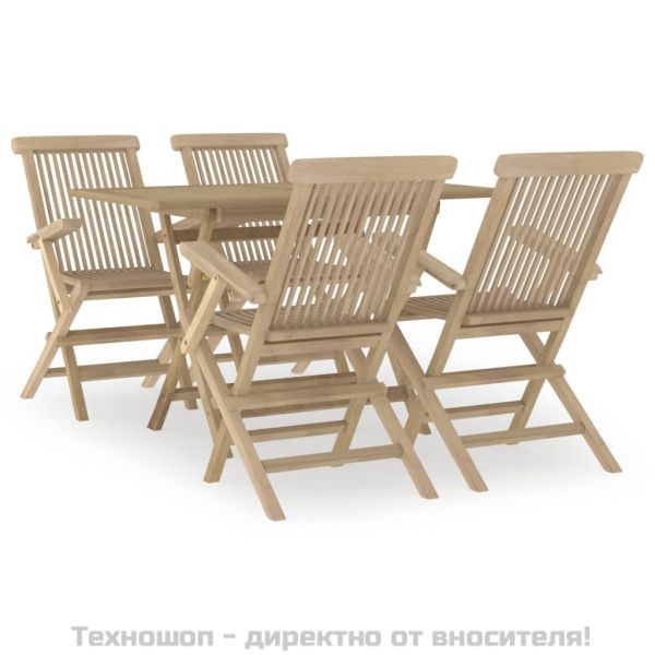 Градински трапезен комплект, 5 части, сив, тиково дърво масив