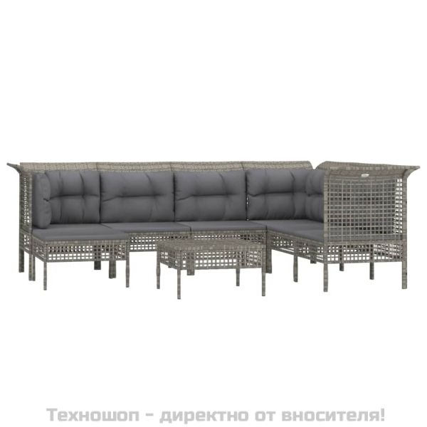 Градински комплект с възглавници, 8 части, полиратан, сив