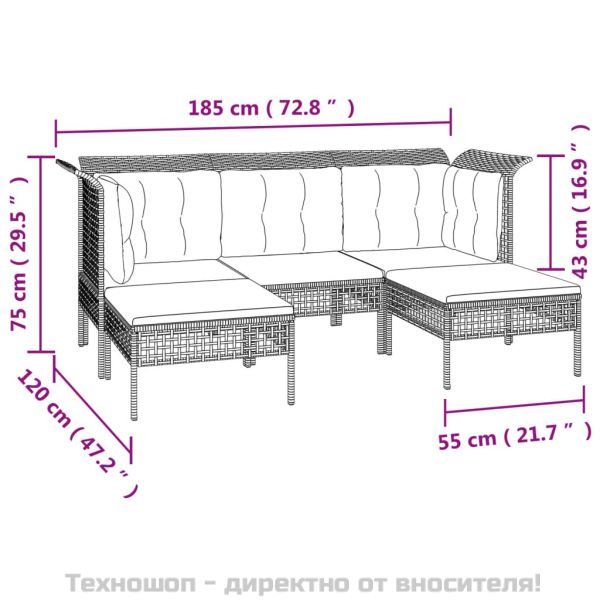 Градински комплект с възглавници, 6 части, полиратан, сив