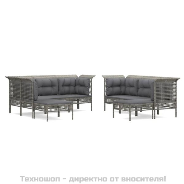 Градински лаундж комплект с възглавници 9 части сив полиратан