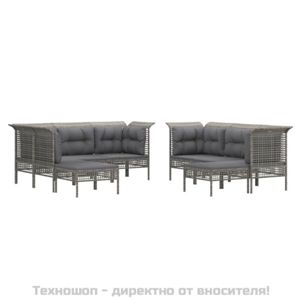 Градински лаундж комплект с възглавници 9 части сив полиратан