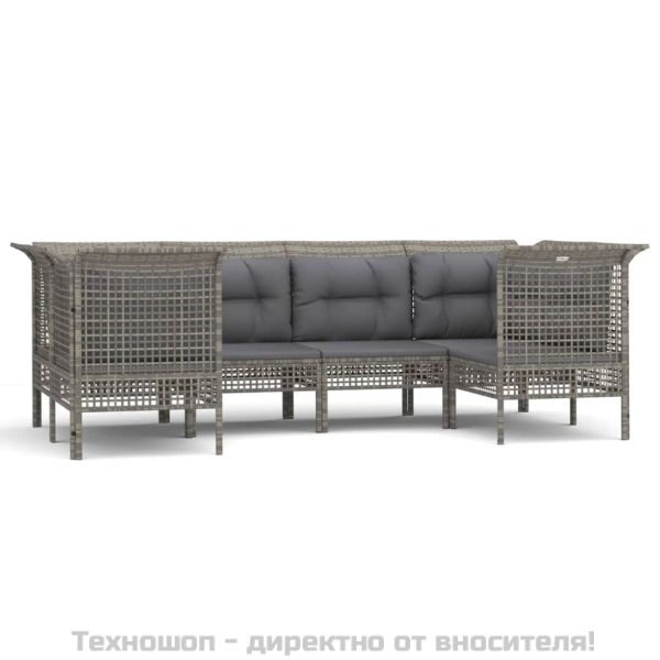 Градински комплект с възглавници, 6 части, полиратан, сив