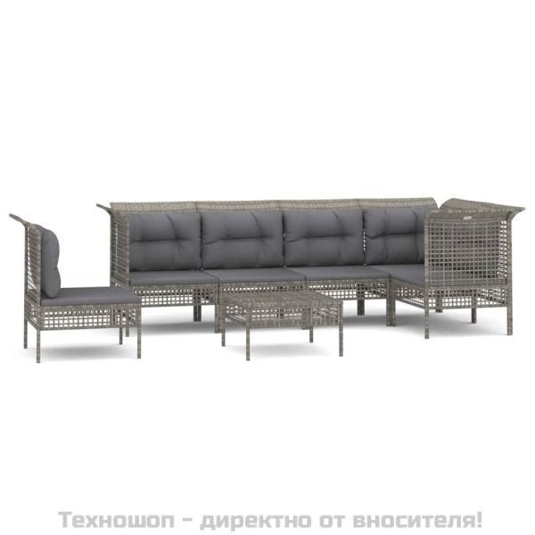 Градински лаундж комплект с възглавници 7 части полиратан сив