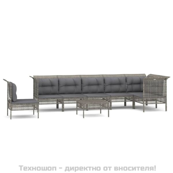 Градински комплект с възглавници, 8 части, полиратан, сив