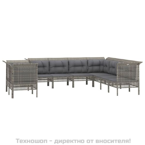 Градински лаундж комплект с възглавници 9 части сив полиратан