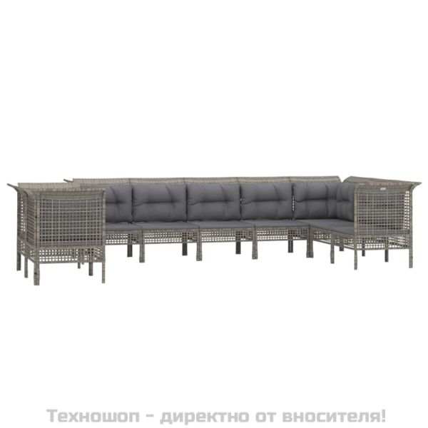 Градински лаундж комплект с възглавници 9 части сив полиратан