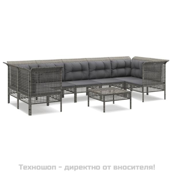 Градински комплект с възглавници, 8 части, полиратан, сив