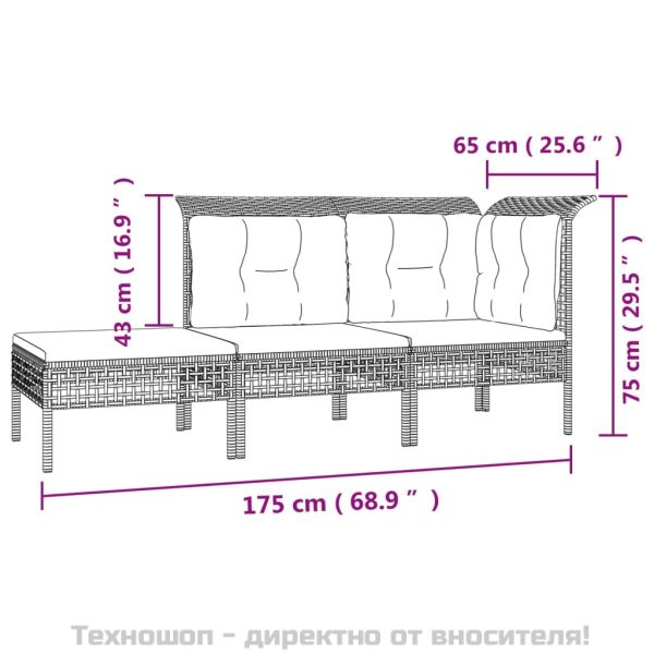Градински комплект с възглавници, 11 части, сив, полиратан