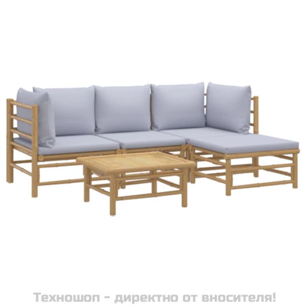 Градински лаундж комплект 5 части светлосиви възглавници бамбук