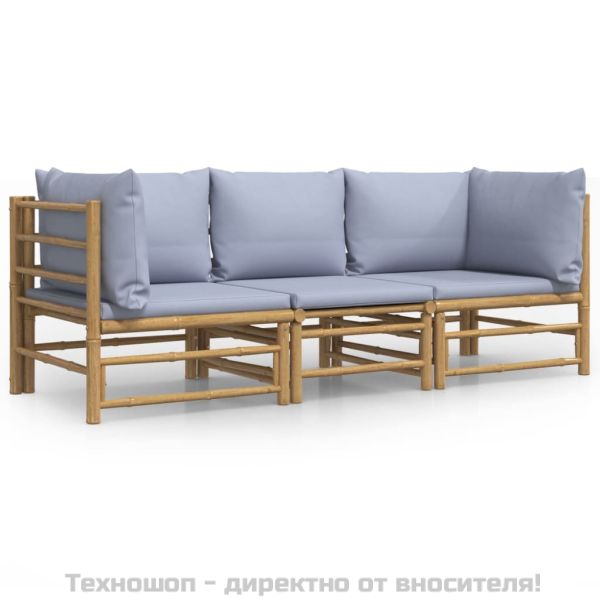 Градински комплект със светлосиви възглавници 3 части бамбук