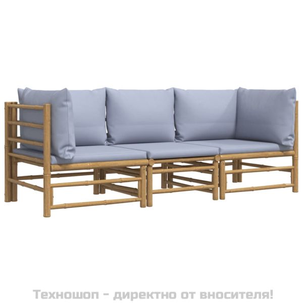 Градински комплект със светлосиви възглавници 3 части бамбук