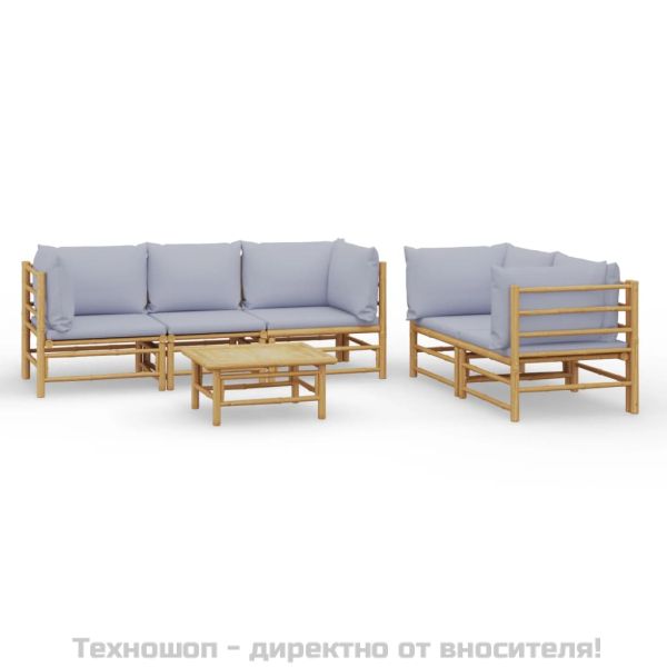 Градински лаундж комплект 6 части светлосиви възглавници бамбук