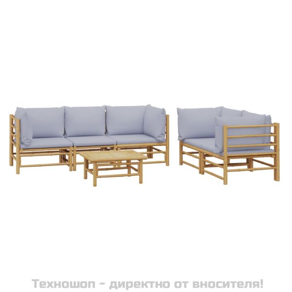 Градински лаундж комплект 6 части светлосиви възглавници бамбук