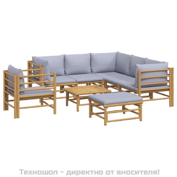 Градински лаундж комплект 8 части светлосиви възглавници бамбук