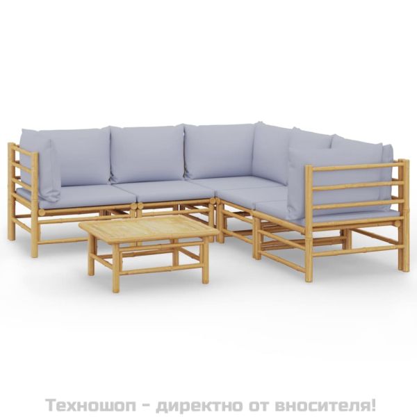 Градински комплект със светлосиви възглавници 6 части бамбук