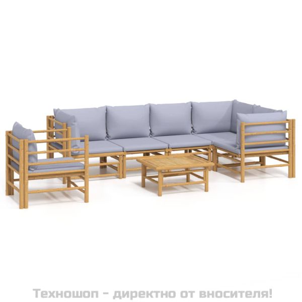 Градински лаундж комплект 7 части светлосиви възглавници бамбук