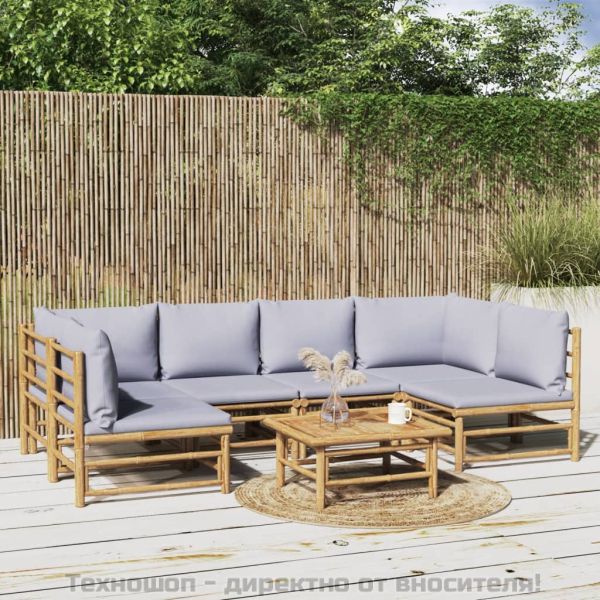 Градински лаундж комплект 7 части светлосиви възглавници бамбук