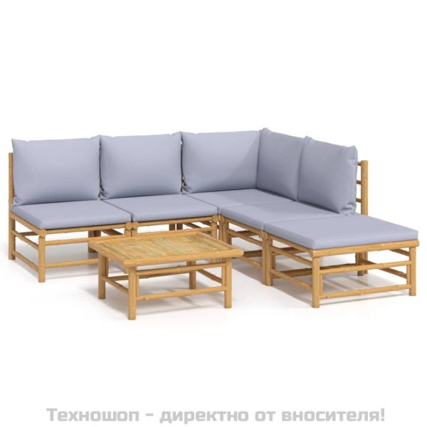 Градински лаундж комплект 6 части светлосиви възглавници бамбук