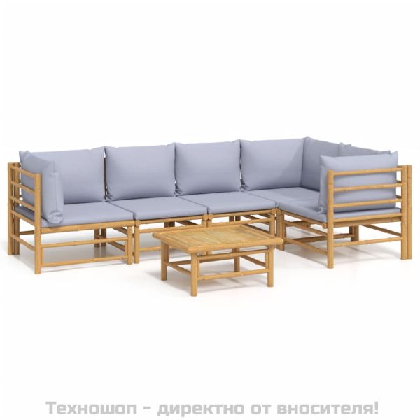 Градински лаундж комплект 6 части светлосиви възглавници бамбук