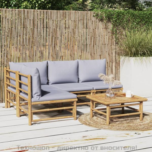 Градински лаундж комплект 5 части светлосиви възглавници бамбук