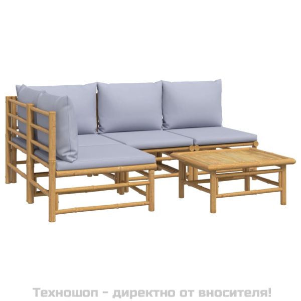 Градински лаундж комплект 5 части светлосиви възглавници бамбук