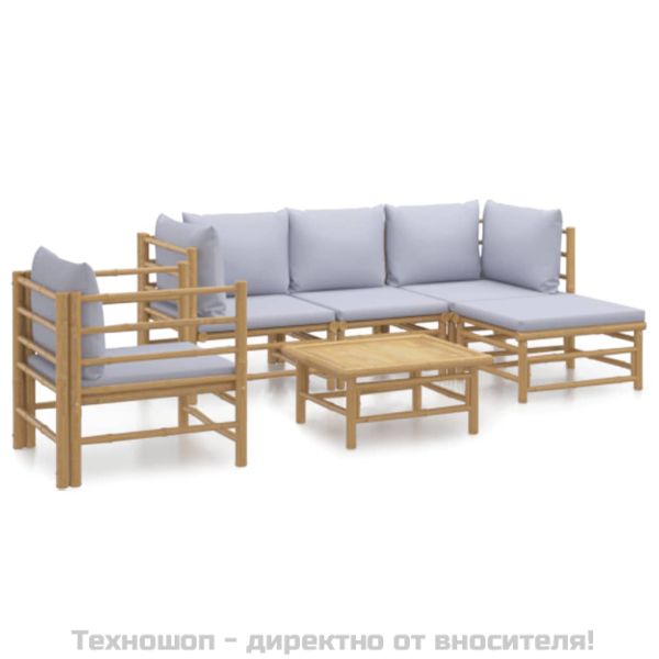 Градински лаундж комплект 6 части светлосиви възглавници бамбук