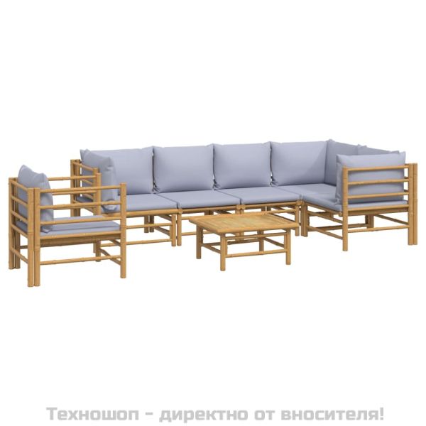 Градински лаундж комплект 7 части светлосиви възглавници бамбук