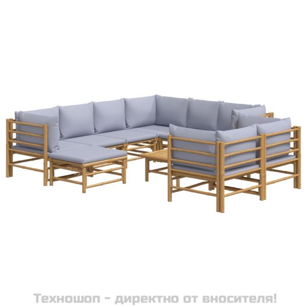 Градински лаундж комплект, 10 части, сиви възглавници, бамбук
