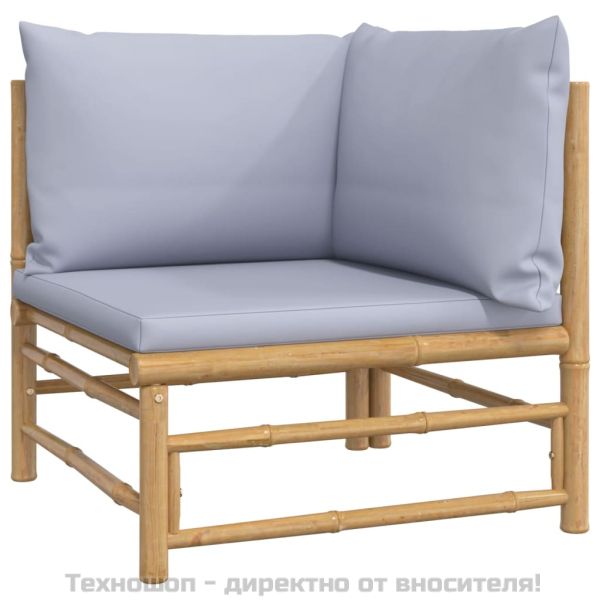 Градински лаундж комплект, 10 части, сиви възглавници, бамбук