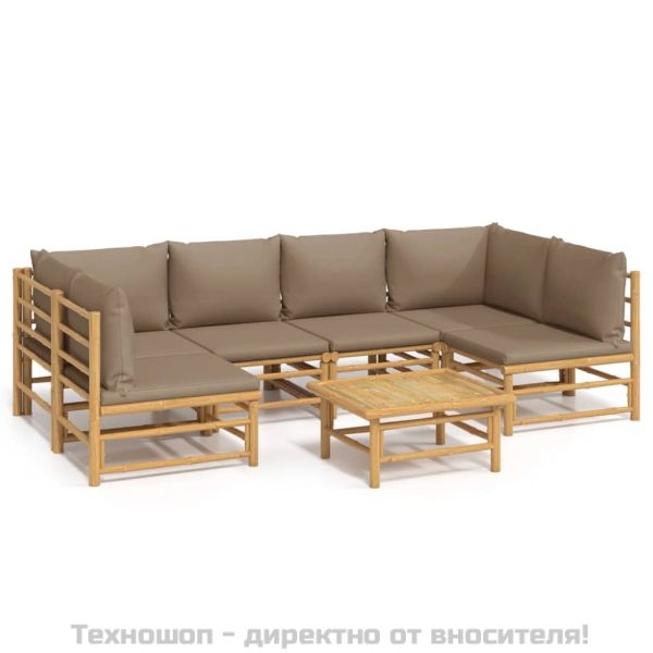 Градински лаундж комплект, 7 части, възглавници таупе, бамбук