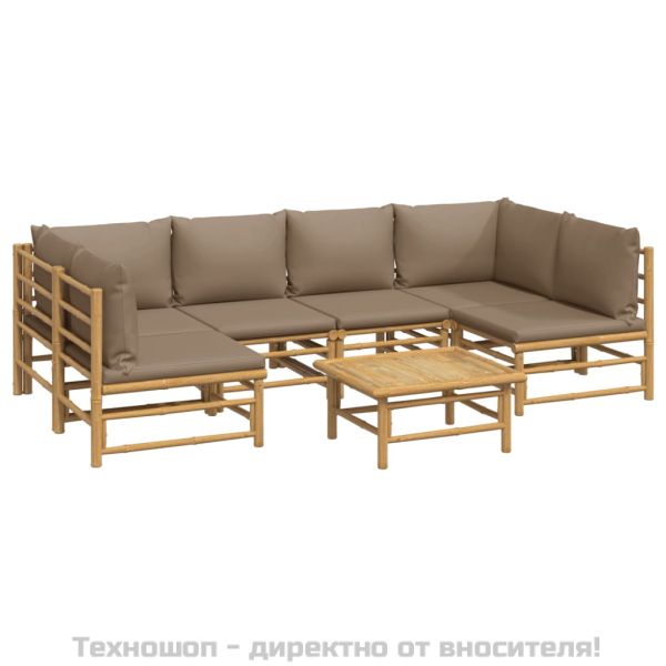 Градински лаундж комплект, 7 части, възглавници таупе, бамбук