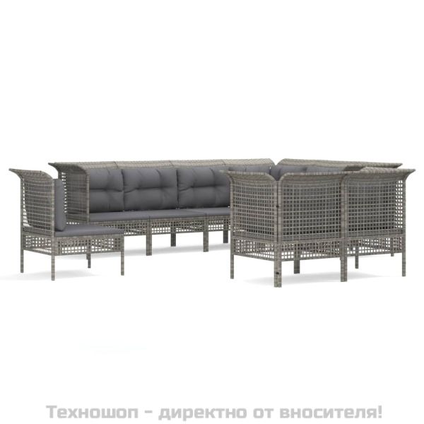 Градински лаундж комплект с възглавници 9 части сив полиратан