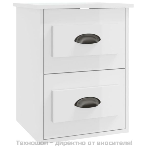 Нощно шкафче за стенен монтаж, бял гланц, 41,5x36x53 см