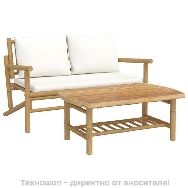 Градински лаундж комплект с кремави възглавници 2 части бамбук
