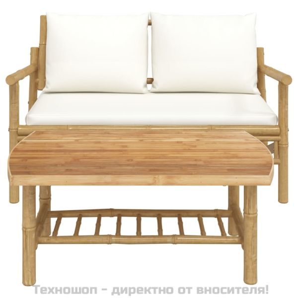 Градински лаундж комплект с кремави възглавници 2 части бамбук