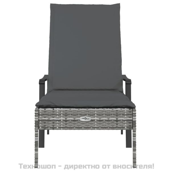 Шезлонг с възглавница, сив, полиратан