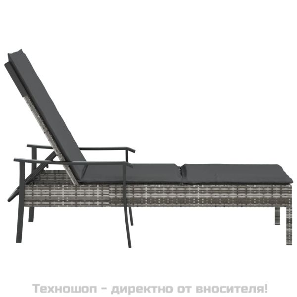 Шезлонг с възглавница, сив, полиратан