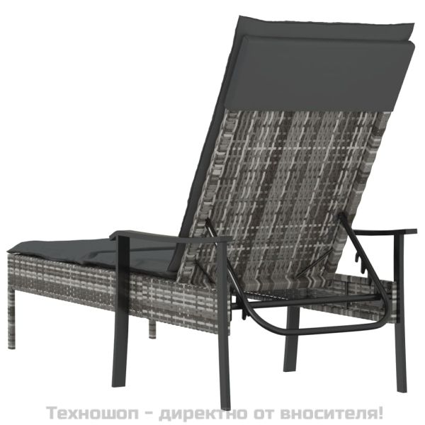 Шезлонг с възглавница, сив, полиратан