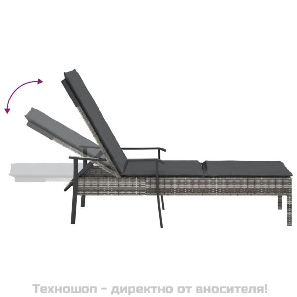Шезлонг с възглавница, сив, полиратан