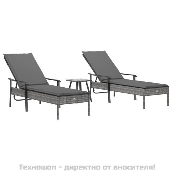 Шезлонги, 2 бр, с маса и възглавници, сив, полиратан