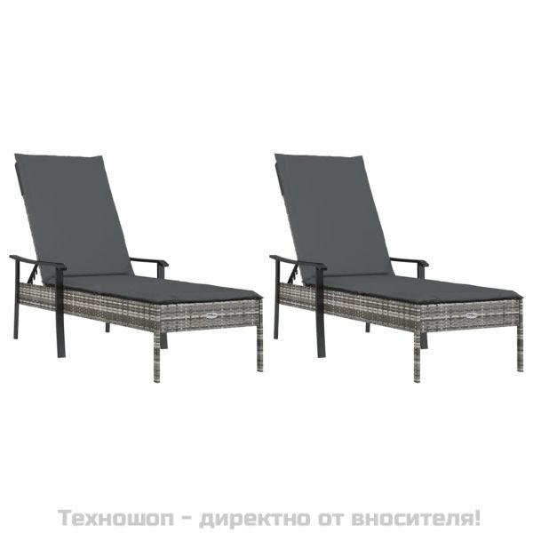 Шезлонги, 2 бр, с маса и възглавници, сив, полиратан