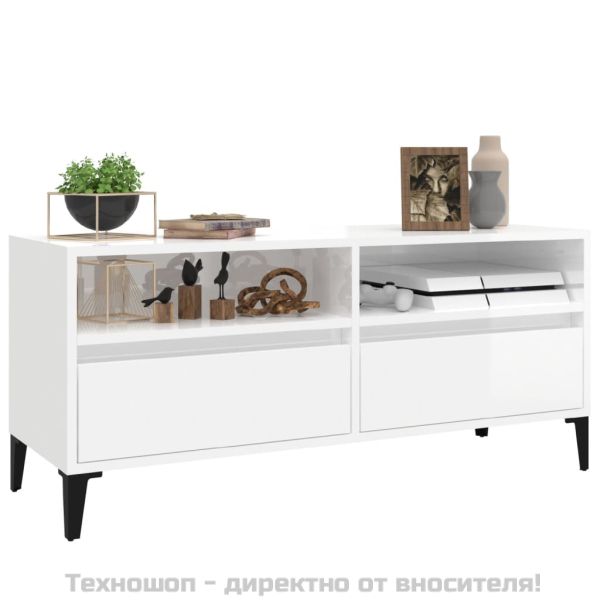 ТВ шкаф бял гланц 100x34,5x44,5 см инженерно дърво