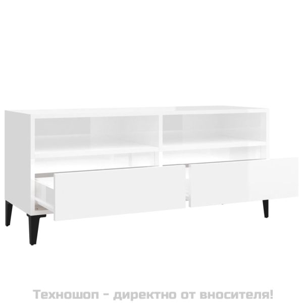ТВ шкаф бял гланц 100x34,5x44,5 см инженерно дърво