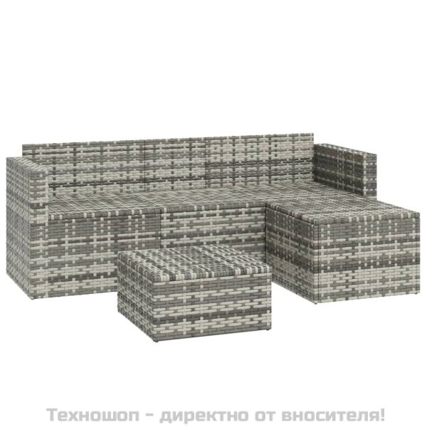 Градински лаундж комплект с възглавници 3 части сив полиратан