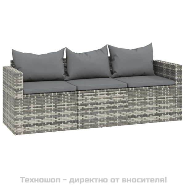 Градински лаундж комплект с възглавници 3 части сив полиратан