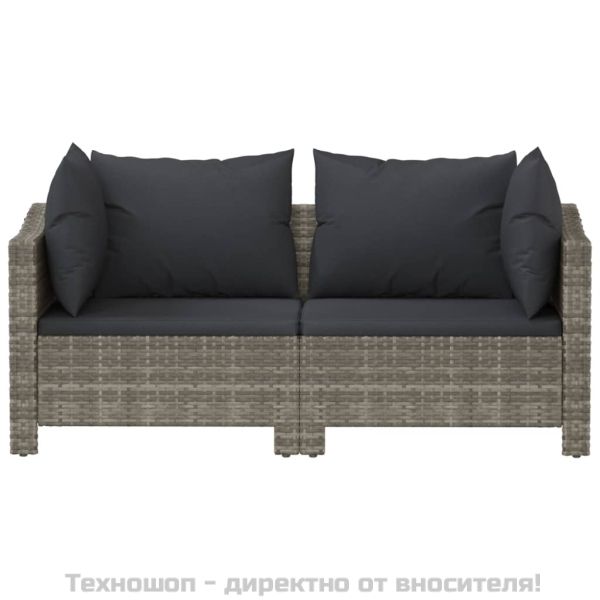 Градински комплект от 2 части с възглавници, сив, полиратан