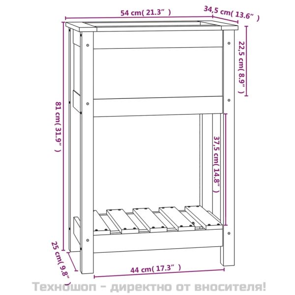Плантер с рафт, меденокафяв, 54x34,5x81 см, борово дърво масив