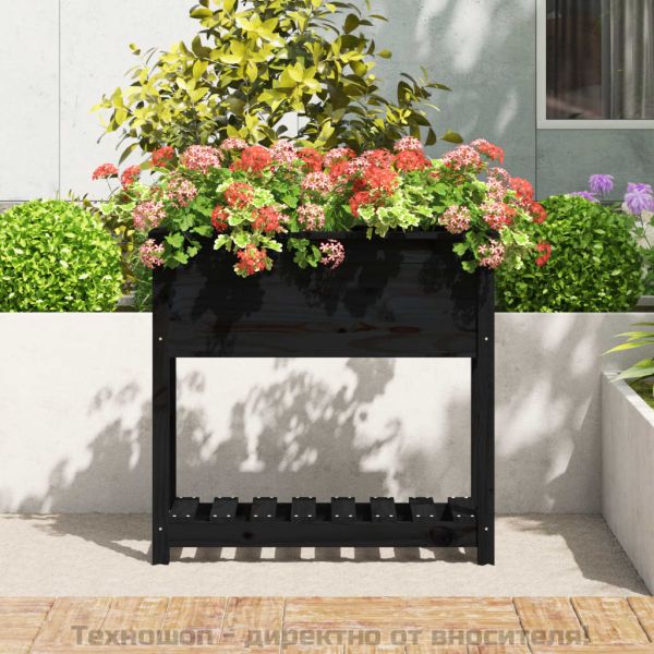 Плантер с рафт, черен, 82,5x34,5x81 см, борово дърво масив